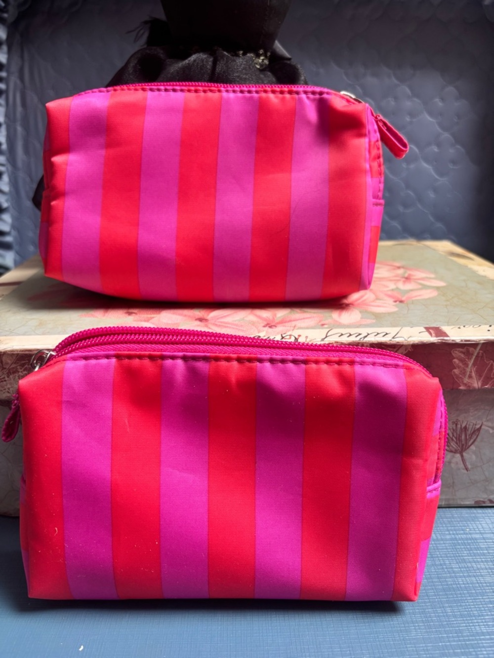 Two London Soho new Pink and Red Striped Cosmetic Pouch